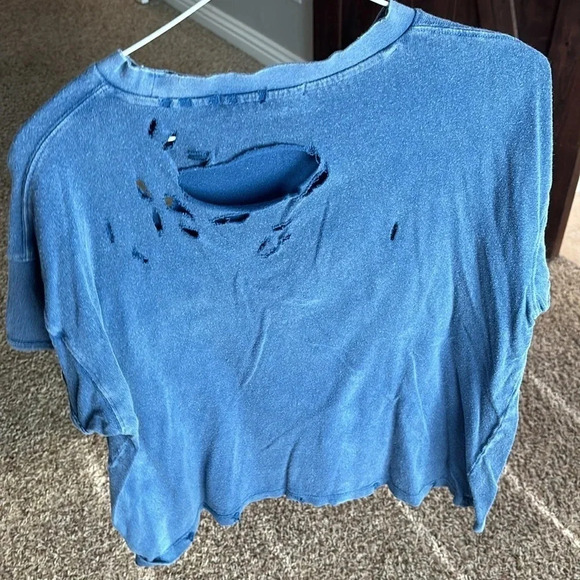 FREE PEOPLE RUBI T-SHIRT OB1142216 100% COTTON DISTRESSED BELLE BLUE SIZE s - Picture 3 of 4